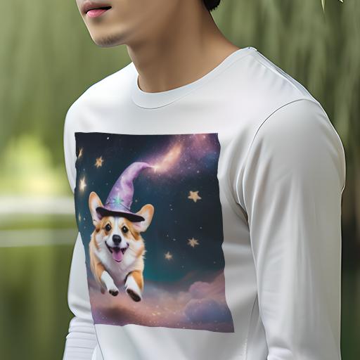 長袖Tシャツ 人間用 メンズ 秋春夏 プリント レジャー アウトドア カジュアル かわいい 犬ファン 星 コーギー 魔法帽 宇宙 ファンタジー 犬