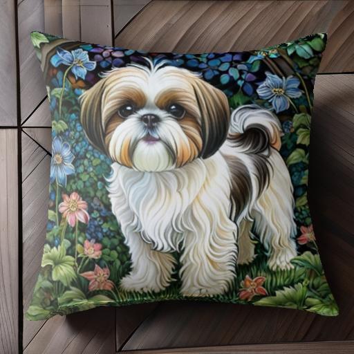 花 シーズー 草 森 クッションカバー 45×45cm アニマル柄 おしゃれ 可愛い クッション本体付き 正方形 犬ファン