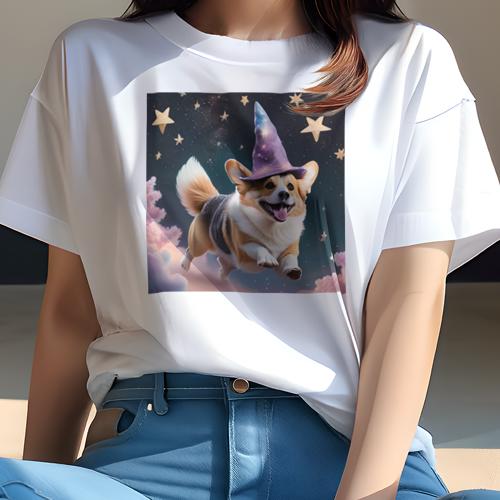 Tシャツ レディース 犬ファン 半袖 春夏 犬柄 プリント カジュアル かわいい 人間用 フィットネス ダンス 魔法使いの帽子 コーギー 星 雲 宇宙