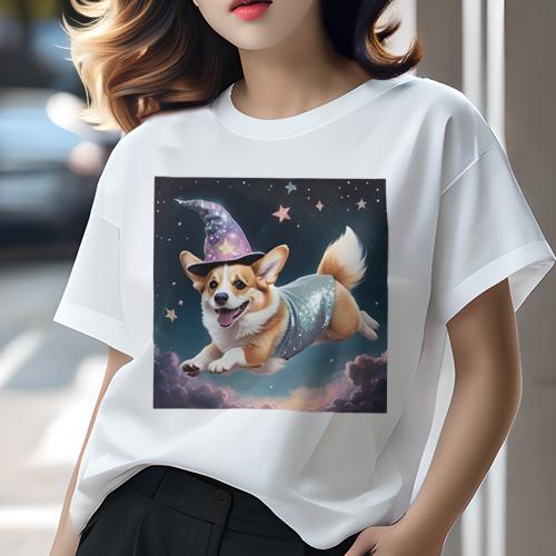 Tシャツ レディース 犬ファン 半袖 春夏 犬柄 プリント カジュアル かわいい 人間用 フィットネス ダンス 魔法の帽子 コーギー 夜空 星 雲 Tシャツ レディース 犬ファン 半袖 春夏 犬柄 プリント カジュアル かわいい 人間用 フィットネス ダンス 魔法の帽子 コーギー 夜空 星 雲