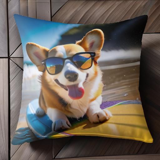 サーフボード ウェルシュコーギーペンブローク サングラス ビーチ 海 クッションカバー 45×45cm アニマル柄 おしゃれ 可愛い クッション本体付き 正方形 犬ファン