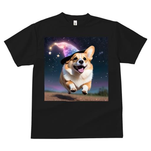 Tシャツ レディース 犬ファン 半袖 春夏 犬柄 プリント カジュアル かわいい 人間用 フィットネス ダンス 魔法の帽子 コーギー 夜空 星空 星 ファンタジー