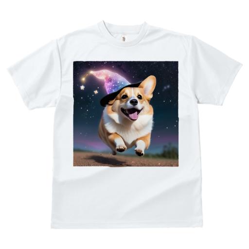 Tシャツ レディース 犬ファン 半袖 春夏 犬柄 プリント カジュアル かわいい 人間用 フィットネス ダンス 魔法の帽子 コーギー 夜空 星空 星 ファンタジー