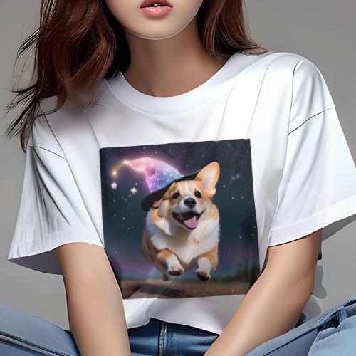 Tシャツ レディース 犬ファン 半袖 春夏 犬柄 プリント カジュアル かわいい 人間用 フィットネス ダンス 魔法の帽子 コーギー 夜空 星空 星 ファンタジー Tシャツ レディース 犬ファン 半袖 春夏 犬柄 プリント カジュアル かわいい 人間用 フィットネス ダンス 魔法の帽子 コーギー 夜空 星空 星 ファンタジー