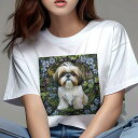 Tシャツ レディース 犬ファン 半袖 春夏 犬柄 プリント カジュアル かわいい 人間用 フィットネス ダンス 花 シーズー 草 森 アート(4)