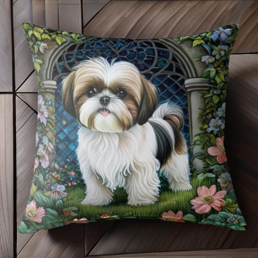 庭 シーズー 花 アーチ 夜空 クッションカバー 45×45cm アニマル柄 おしゃれ 可愛い クッション本体付..