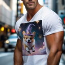 Tシャツ メンズ キッズ 犬ファン 半袖 春夏 犬柄 プリント カジュアル かわいい 人間用 フィットネス ダンス 魔法の帽子 ウェルシュコーギー 星 天空 雲 ファンタジー