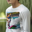 長袖Tシャツ 人間用 メンズ 秋春夏 プリント レジャー アウトドア カジュアル かわいい 犬ファン サーフィン ウェルシュコーギー サングラス 海