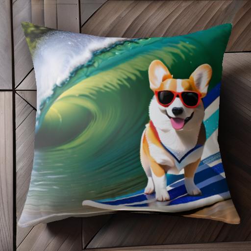 サーフボード コーギー 波 サングラス クッションカバー 45×45cm アニマル柄 おしゃれ 可愛い クッション本体付き 正方形 犬ファン