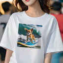Tシャツ レディース 犬ファン 半袖 春夏 犬柄 プリント カジュアル かわいい 人間用 フィットネス ダンス サーフボード チワワ 波 海(4)