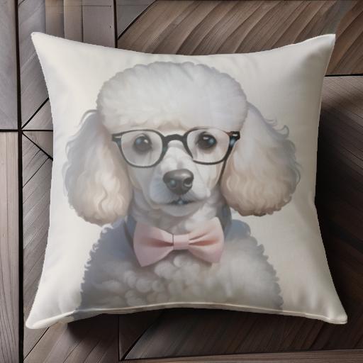 眼鏡 プードル ピンクの蝶ネクタイ クッションカバー 45×45cm アニマル柄 おしゃれ 可愛い クッション本体付き 正方形 犬ファン