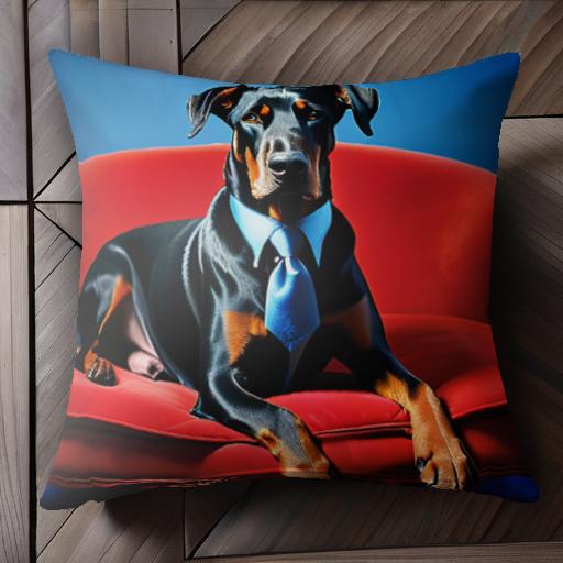 赤いソファ ドーベルマン 青色のネクタイ 青い背景 飼い犬 高貴な姿 クッションカバー 45×45cm アニマル柄 おしゃれ 可愛い クッション本体付き 正方形 犬ファン