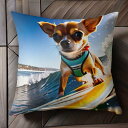サーフィン チワワ 海 波乗り 楽しい 犬のスポーツ クッションカバー 45×45cm アニマル柄 おしゃれ 可愛い クッション本体付き 正方形 犬ファン