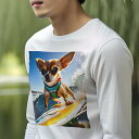 長袖Tシャツ 人間用 メンズ 秋春夏 プリント レジャー アウトドア カジュアル かわいい 犬ファン サーフィン チワワ 海 波乗り 楽しい 犬のスポーツ