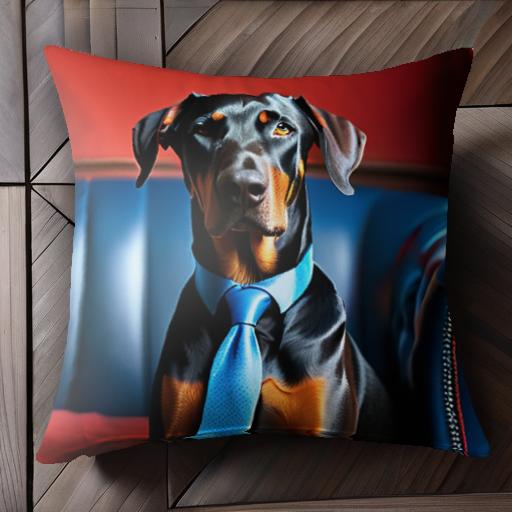 青いソファー ドーベルマン ネクタイ 赤い壁 クッションカバー 45×45cm アニマル柄 おしゃれ 可愛い クッション本体付き 正方形 犬ファン