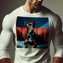 長袖Tシャツ 人間用 メンズ 秋春夏 プリント レジャー アウトドア カジュアル かわいい 犬ファン 赤いソファー ドーベルマン 青い背景 ネクタイ