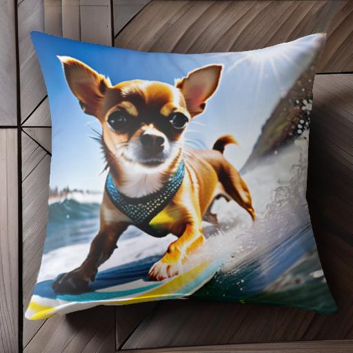 サーフィン チワワ 波 太陽 海 クッションカバー 45×45cm アニマル柄 おしゃれ 可愛い クッション本体付き 正方形 犬ファン