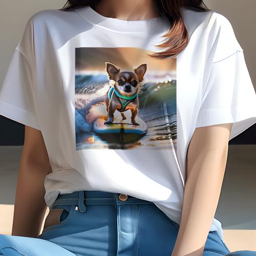 Tシャツ レディース 犬ファン 半袖 春夏 犬柄 プリント カジュアル かわいい 人間用 フィットネス ダンス サーフィン チワワ 波 夕日 海