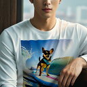 長袖Tシャツ 人間用 メンズ 秋春夏 プリント レジャー アウトドア カジュアル かわいい 犬ファン サーフィン チワワ 海 太陽 波