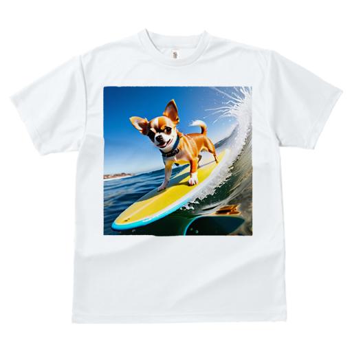 Tシャツ レディース 犬ファン 半袖 春夏 犬柄 プリント カジュアル かわいい 人間用 フィットネス ダンス サーフィン チワワ 海 波 黄色いサーフボード 青い空