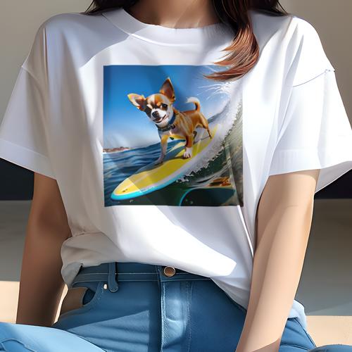 Tシャツ レディース 犬ファン 半袖 春夏 犬柄 プリント カジュアル かわいい 人間用 フィットネス ダンス サーフィン チワワ 海 波 黄色いサーフボード 青い空 Tシャツ レディース 犬ファン 半袖 春夏 犬柄 プリント カジュアル かわいい 人間用 フィットネス ダンス サーフィン チワワ 海 波 黄色いサーフボード 青い空