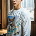 長袖Tシャツ 人間用 メンズ 秋春夏 プリント レジャー アウトドア カジュアル かわいい 犬ファン サーフィン チワワ 海 波 犬のライフジャケット