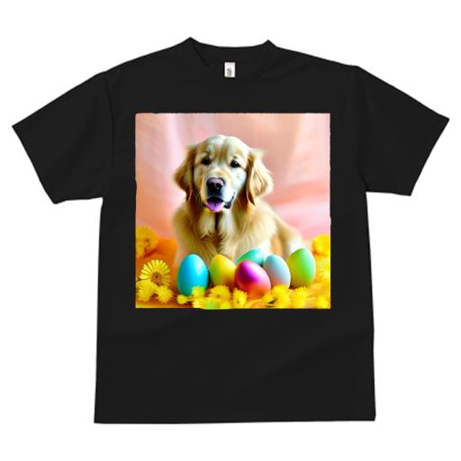 Tシャツ レディース 犬ファン 半袖 春夏 犬柄 プリント カジュアル かわいい 人間用 フィットネス ダンス 花 ゴールデンレトリーバー イースターエッグ 黄色い花 多色の卵 笑顔