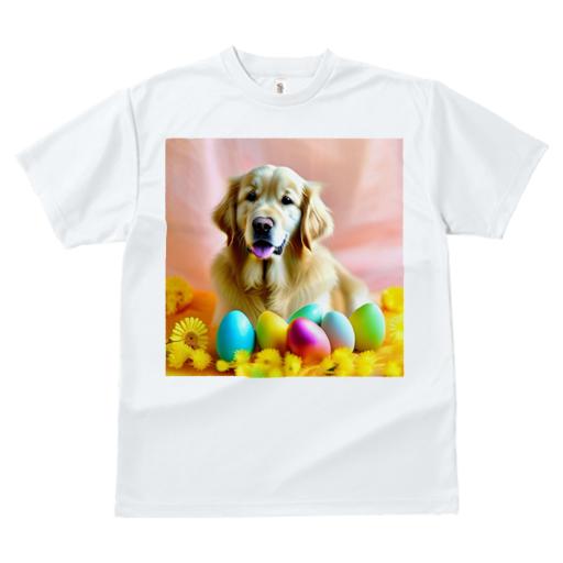 Tシャツ レディース 犬ファン 半袖 春夏 犬柄 プリント カジュアル かわいい 人間用 フィットネス ダンス 花 ゴールデンレトリーバー イースターエッグ 黄色い花 多色の卵 笑顔