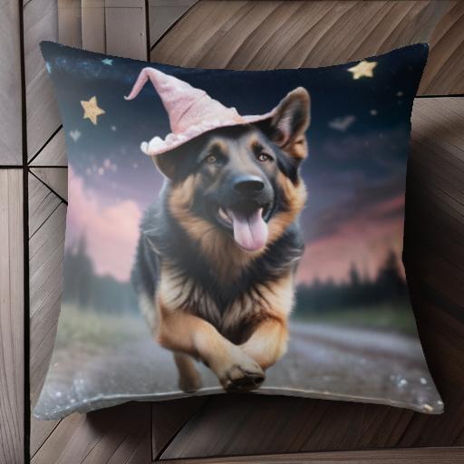 魔法の帽子 ジャーマンシェパードドッグ 星 夜空 ファンタジー 夕日 クッションカバー 45×45cm アニマル柄 おしゃれ 可愛い クッション本体付き 正方形 犬ファン