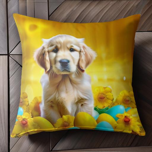 花 ゴールデンレトリバー 卵 黄色 春 クッションカバー 45×45cm アニマル柄 おしゃれ 可愛い クッショ..