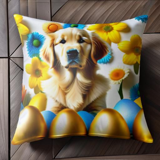 花 ゴールデンレトリバー 青い卵 金色の卵 黄色の卵 クッションカバー 45×45cm アニマル柄 おしゃれ 可..