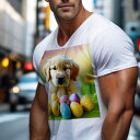 Tシャツ メンズ キッズ 犬ファン 半袖 春夏 犬柄 プリント カジュアル かわいい 人間用 フィットネス ダンス イースター ゴールデンレトリーバー 卵 花 草