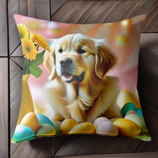 花 ゴールデンレトリバー イースターエッグ ピンクの背景 ベース クッションカバー 45×45cm アニマル柄..