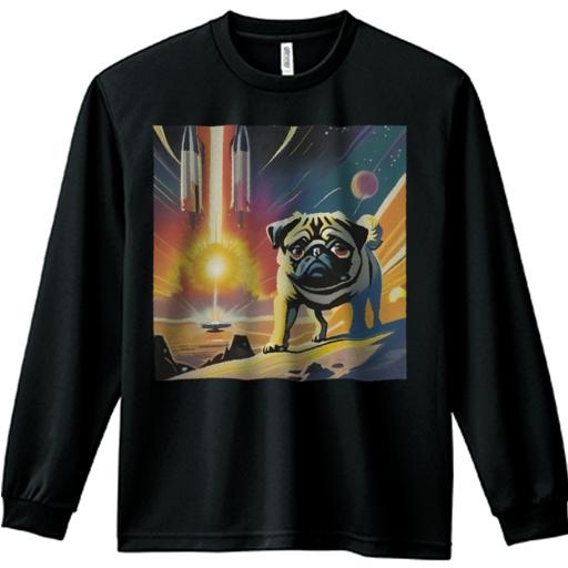 長袖Tシャツ 人間用 メンズ 秋春夏 プリント レジャー アウトドア カジュアル かわいい 犬ファン 宇宙 パグ ロケット 惑星 太陽 風景