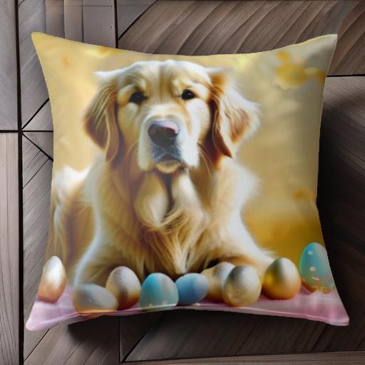 イースターエッグ ゴールデンレトリバー ゴールド 青い卵 黄色の背景 春 クッションカバー 45×45cm ア..