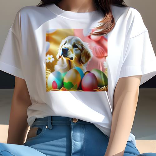Tシャツ レディース 犬ファン 半袖 春夏 犬柄 プリント カジュアル かわいい 人間用 フィットネス ダンス イースターエッグ ゴールデンレトリーバー バスケット 花 クッションカバー 45×45cm
