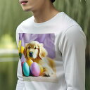 長袖Tシャツ 人間用 メンズ 秋春夏 プリント レジャー アウトドア カジュアル かわいい 犬ファン カラフルな卵 ゴールデンレトリバー 黄色いチューリップ 紫色の背景 バスケット