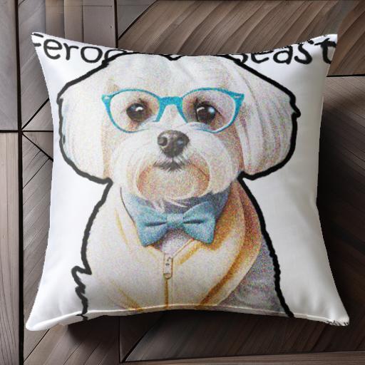 メガネ マルチーズ 蝶ネクタイ 黄色のベスト 文字 クッションカバー 45×45cm アニマル柄 おしゃれ 可愛い クッション本体付き 正方形 犬ファン