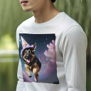 長袖Tシャツ 人間用 メンズ 秋春夏 プリント レジャー アウトドア カジュアル かわいい 犬ファン 魔法使いの帽子 ジャーマンシェパードドッグ 宇宙 夜空 星 ピンクの雲