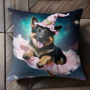魔女の帽子 ジャーマンシェパード ピンクのスカート 夜空 星 クッションカバー 45×45cm アニマル柄 おしゃれ 可愛い クッション本体付き 正方形 犬ファン
