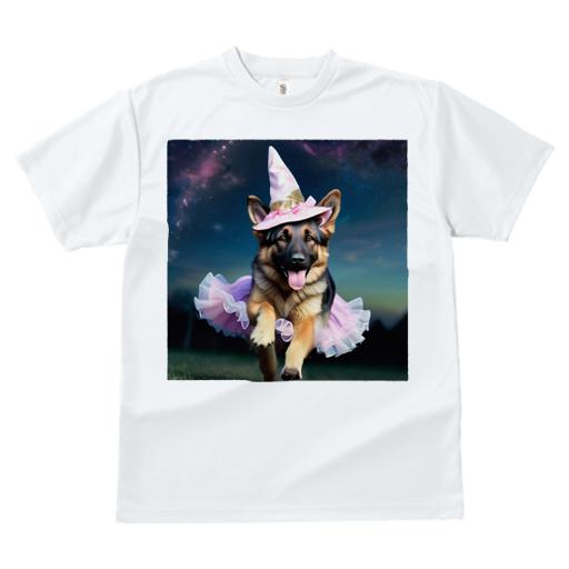 Tシャツ レディース 犬ファン 半袖 春夏 犬柄 プリント カジュアル かわいい 人間用 フィットネス ダンス 魔法の帽子 ジャーマンシェパードドッグ ピンクのチュチュ 夜空 星