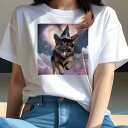 Tシャツ レディース 犬ファン 半袖 春夏 犬柄 プリント カジュアル かわいい 人間用 フィットネス ダンス 魔法の帽子 ジャーマンシェパード ハート 星空 雲(4)