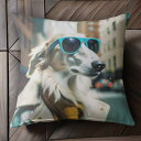 サングラス ボルゾイ トレンチコート スカーフ 都市 ビル クッションカバー 45×45cm アニマル柄 おしゃれ 可愛い クッション本体付き 正方形 犬ファン