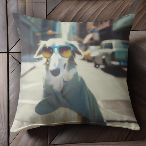 サングラス ボルゾイ 街 車 都市 夏 クッションカバー 45×45cm アニマル柄 おしゃれ 可愛い クッション本体付き 正方形 犬ファン