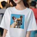 Tシャツ レディース 犬ファン 半袖 春夏 犬柄 プリント カジュアル かわいい 人間用 フィットネス ダンス 青い背景 フレンチブルドッグ かわいい犬(4)