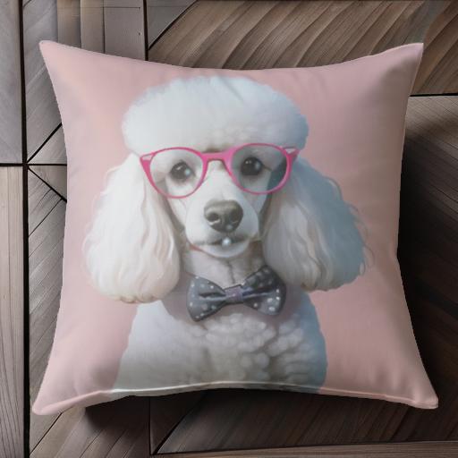 メガネ プードル 蝶ネクタイ ピンクの背景 クッションカバー 45×45cm アニマル柄 おしゃれ 可愛い クッション本体付き 正方形 犬ファン