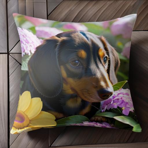 花 ダックスフンド 庭 自然 クッションカバー 45×45cm アニマル柄 おしゃれ 可愛い クッション本体付き 正方形 犬ファン