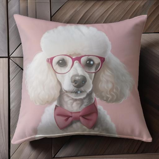 メガネ プードル 蝶ネクタイ ピンク背景 クッションカバー 45×45cm アニマル柄 おしゃれ 可愛い クッション本体付き 正方形 犬ファン