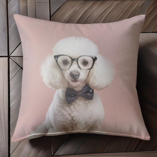 メガネ プードル 蝶ネクタイ ピンクの背景 クッションカバー 45×45cm アニマル柄 おしゃれ 可愛い クッション本体付き 正方形 犬ファン