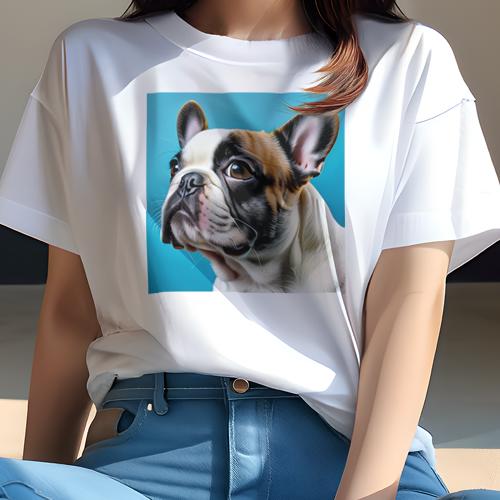 Tシャツ レディース 犬ファン 半袖 春夏 犬柄 プリント カジュアル かわいい 人間用 フィットネス ダンス 青い背景 フレンチブルドッグ